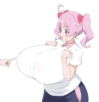 1girl ahoge aozora_himari blue_pants blush bow breasts covered_erect_nipples disembodied_hand gigantic_breasts hair_bow hands_on_own_chest himitsu_no_aipri medium_hair no_bra open_mouth pants pink_bow pink_hair poking poking_another&#039;s_breast polo_shirt pretty_series purple_eyes sabanotami shirt smile standing sweat twintails white_background white_shirt