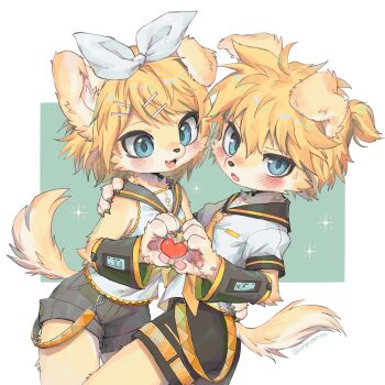 1boy 1girl angrygentoo animal_ear_fluff animal_ears animal_nose arm_warmers bass_clef belt black_sailor_collar black_shorts blonde_hair blue_eyes blush body_fur bow commentary_request contrapposto cowboy_shot dog_boy dog_ears dog_girl dog_tail fangs furry furry_female furry_male green_background hair_bow hair_ornament hairclip heart highres kagamine_len kagamine_rin korean_commentary lace lace-trimmed_shirt lace_trim looking_at_another looking_at_viewer medium_hair neckerchief open_mouth orange_belt parallel_hairclips sailor_collar shirt short_hair short_sleeves shorts siblings simple_background sleeveless sleeveless_shirt snout standing straight_hair tail treble_clef twins two-tone_background two-tone_belt two-tone_fur vocaloid white_background white_bow white_fur white_shirt yellow_belt yellow_fur yellow_neckerchief