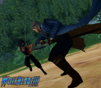 2boys 3d arm_tattoo bandaged_arm bandages bare_shoulders battle belt black_hair black_pants black_shirt blue_eyes collarbone devil_may_cry devil_may_cry_(series) devil_may_cry_3 fighting fighting_stance fingernails greyscale hair_between_eyes headband hiei holding holding_bandages holding_sword holding_weapon iaidou jacket jewelry katana male_focus monochrome multiple_boys pants pendant ready_to_draw red_eyes sheath sheathed shirt sleeveless sleeveless_shirt spiked_hair sword tattoo vergil_(devil_may_cry) weapon white_belt white_hair yamato_(sword) yuu_yuu_hakusho