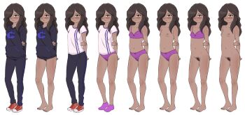 1girl absurdres barefoot black_hair blush bra breasts brown_eyes brown_hair cleft_of_venus clothes_on_and_off completely_nude dark-skinned_female dark_skin feet female_focus female_pubic_hair flat_chest full_body hair_over_one_eye highres jacket loli long_hair looking_at_viewer multiple_girls multiple_views navel nipples nude original panties pants petite pubic_hair purple_panties purple_underwear pussy samara_(seventh_grade_chronicles) seventh_grade_chronicles shirt shoes simple_background small_breasts smile sportswear standing topless_female track_jacket track_pants track_suit underwear underwear_only variations white_background