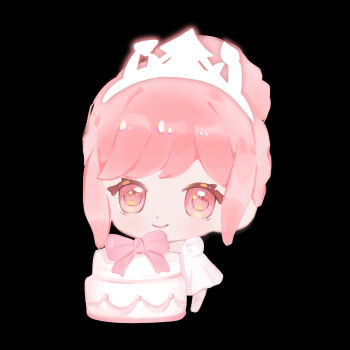 Rule 34 | 1girl, bare arms, barefoot, birthday, birthday cake, black background, bow, cake, chibi, chinese commentary, closed mouth, commentary request, dot nose, dress, eyelashes, food, gaoleng xiaoqui, hair bun, happy, highres, infinity nikki, light blush, lipstick, looking at viewer, makeup, melody bloom (infinity nikki), nikki (nikki), nikki (series), oversized food, oversized object, pink bow, pink eyes, pink hair, pink lips, pleated dress, puffy short sleeves, puffy sleeves, short dress, short hair, short sleeves, simple background, single hair bun, smile, solo, star (symbol), star in eye, symbol in eye, updo, white dress, white tiara