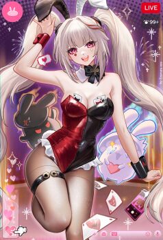 Rule 34 | 1girl, absurdres, alternate costume, animal ears, bare shoulders, bilingual commentary, black bow, black bowtie, black pantyhose, bow, bowtie, breasts, cleavage, eravuru, fake animal ears, heart, highres, honkai: star rail, honkai (series), leotard, livestream, long hair, looking at viewer, medium breasts, mixed-language commentary, multicolored leotard, pantyhose, playboy bunny, purple eyes, rabbit ears, smile, solo, sparkle (honkai: star rail), sparxie (honkai: star rail), thigh strap, two-tone leotard, very long hair, white hair, wrist cuffs