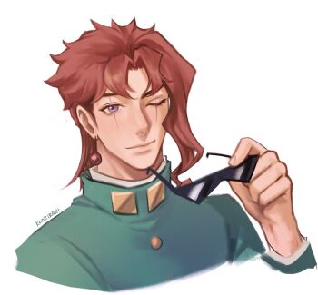 Rule 34 | 1boy, commentary, earrings, english commentary, glasses, holding, holding removed eyewear, jewelry, jojo no kimyou na bouken, kakyoin noriaki, kookirani, kuujou joutarou, looking at viewer, male focus, one eye closed, purple eyes, red hair, scar, scar across eye, scar on face, sideburns, simple background, solo, stardust crusaders, sunglasses, unworn eyewear, upper body, white background