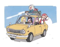 5girls :d ^_^ animated arm_up artist_collaboration black_hair blonde_hair car closed_eyes driving fang gawr_gura gawr_gura_(1st_costume) grey_hair hololive hololive_english holomyth jocii looping_animation mini_cooper mori_calliope mori_calliope_(1st_costume) motor_vehicle multiple_girls ninomae_ina&#039;nis ninomae_ina&#039;nis_(1st_costume) one_eye_closed open_mouth outdoors pink_hair pun red_hair sharp_teeth shiogaki smile takanashi_kiara takanashi_kiara_(1st_costume) teeth vehicle_focus video virtual_youtuber watson_amelia watson_amelia_(1st_costume) |_|