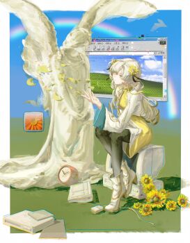 1girl absurdres black_pantyhose bliss_(image) blowing blurry blurry_background boots border cd_case chromatic_aberration clock computer computer_keyboard computer_mouse crt dress falling_petals flower grey_hair hair_flower hair_ornament hand_up heavy_chromatic_aberration highres isekaijoucho kamitsubaki_studio long_hair long_sleeves marble_(stone) marble_sculpture microsoft_windows outside_border pantyhose petals rainbow shrug_(clothing) sitting solo statue sunflower two-tone_dress virtual_youtuber wavy_hair white_boots white_border white_dress white_shrug wide_sleeves window_(computing) windows_xp yellow_dress yellow_flower yiuo_toyi