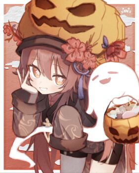 1girl absurdres boo_tao_(genshin_impact) brown_hair flower genshin_impact ghost halloween halloween_bucket hat hat_flower highres hu_tao_(genshin_impact) jewelry long_hair looking_at_viewer pumpkin_hat red_eyes ring shorts smile symbol-shaped_pupils very_long_hair worldgreen1228