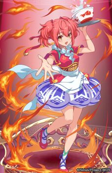 1girl ahoge burning dress fire fish full_body goldfish hair_ornament looking_at_viewer official_art ootori_kokona open_mouth pink_hair red_hair short_hair smile solo standing torch world_dai_star