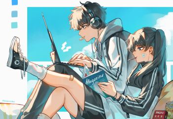 1boy 1girl absurdres alternate_costume bags_under_eyes balcony bandaid bandaid_on_knee bandaid_on_leg black_hair border chips_(food) cloud cloudy_sky commentary computer curtained_hair day english_commentary feet_out_of_frame food food_in_mouth foot_up hair_over_shoulder han_donghoon_(omniscient_reader&#039;s_viewpoint) headphones heart heart_sticker highres holding holding_laptop holding_magazine hood hood_down knees_up laptop magazine_(object) omniscient_reader&#039;s_viewpoint outside_border papercider pocky pocky_in_mouth ponytail railing reading scar scar_on_face serious short_hair sky slouching sticker striped_clothes twintails two-tone_hoodie white_border yoo_mia