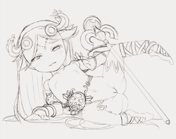 1girl blush cleft_of_venus flat_chest jewelry kereno kid_icarus loli long_hair monochrome navel nintendo nipples palutena pendant pussy scepter tagme