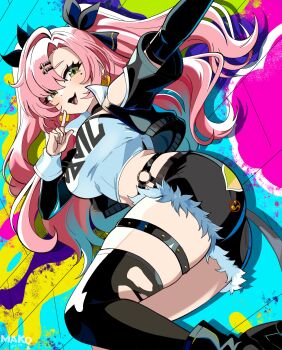 1girl :d absurdres black_thighhighs breasts cleavage commentary commentary_request crop_top english_commentary feet_out_of_frame fur-trimmed_shorts fur_trim green_eyes hair_ornament hairclip highres kurimako large_breasts long_hair looking_at_viewer midriff mixed-language_commentary mole mole_under_eye nicole_demara open_mouth pink_hair shirt short_shorts shorts smile solo thigh_strap thighhighs torn_clothes torn_thighhighs white_shirt zenless_zone_zero