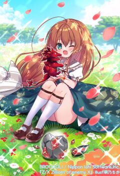 1girl ahoge animal braid brown_hair copyright_notice crown_braid dinosaur dress egg eggshell flower gem green_dress green_eyes holding holding_animal honoka_chiffon kurashiki_sera long_hair official_art one_eye_closed open_mouth outdoors pinafore_dress red_flower red_gemstone red_petals shirt sitting sleeveless sleeveless_dress sparkle tree white_flower white_shirt z/x