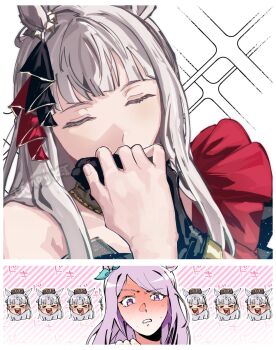 &gt;_&lt; 2girls animal_ears black_gloves blush closed_eyes commentary gloves gold_ship_(umamusume) grey_hair highres holding_hands horse_ears horse_girl kiss kissing_hand lampy_uikoko long_hair mejiro_mcqueen_(umamusume) multiple_girls open_mouth purple_eyes purple_hair smile sparkle sweat tongue tongue_out umamusume yuri