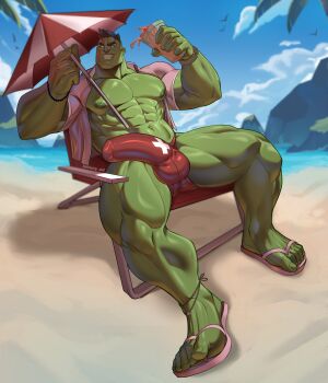 1boy abs absurdres bara bare_pectorals beach beach_chair beach_umbrella colored_sclera colored_skin commentary covered_penis covered_testicles cup english_commentary flip-flops green_eyes green_sclera green_skin grin highres holding holding_cup holding_umbrella hulk large_pectorals luiixury_art male_focus male_swimwear marvel marvel_rivals muscular muscular_legs muscular_male navel nipples open_clothes open_shirt outdoors pectorals pink_shirt sandals shirt short_hair sitting sky smile solo swim_briefs thighs twitter_username umbrella variant_set