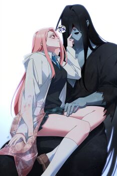 Rule 34 | 1boy, 1girl, absurdres, adashino adami, bbabbamis2, black hair, black kimono, black sweater, blood, blood on clothes, blood on face, cheek poking, commentary request, gradient background, hetero, highres, homicipher, hood, hood down, japanese clothes, kimono, korean commentary, korean text, long hair, looking at another, mr. crawling, pink hair, poking, raincoat, red hair, school uniform, simple background, sitting, sitting on lap, sitting on person, skirt, sweater, toned, toned male, translation request, very long hair, white background