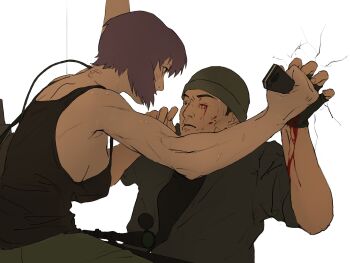 1boy 1girl aizheajsee bleeding blood blood_on_face blood_on_hands bloody_tears breasts combat_knife fingerless_gloves ghost_in_the_shell ghost_in_the_shell:_stand_alone_complex gloves highres knife kusanagi_motoko looking_at_another medium_hair purple_hair saitou_(gits) scope sideboob stab subdermal_port weapon