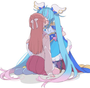 ankle_boots arm_behind_back blue_boots blue_cape blue_dress blue_eyes blue_hair blue_sandals boots bow brooch cape closed_eyes cure_sky cut_bangs detached_sleeves dress dress_bow earclip fingerless_gloves frilled_dress frills fringe_trim gloves gradient_hair grey_sweater hair_bun hair_ornament hair_ribbon hand_on_another's_arm hat hirogaru_sky!_precure izumi_kirifu jewelry kiss kneeling long_hair magical_girl mini_hat mini_top_hat multicolored_hair nijigaoka_mashiro pink_bow pink_hair pink_skirt pleated_skirt precure puffy_detached_sleeves puffy_sleeves red_cape ribbon sandals shadow short_dress simple_background single_hair_bun single_sidelock sitting skirt sleeveless sleeveless_dress sora_harewataru streaked_hair sweater thighhighs top_hat twintails two-sided_cape two-sided_fabric two-tone_dress two-tone_hair very_long_hair white_background white_dress white_gloves white_thighhighs wing_brooch wing_hair_ornament yokozuwari yuri