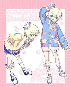 1boy :d arm_up blonde_hair blue_cardigan blue_eyes blue_hat blue_shoes blue_shorts cardigan commentary_request cosplay full_body hat highres himitsu_no_aipri idol_time_pripara leaning_forward long_sleeves looking_at_viewer male_focus mini_hat multiple_views open_mouth pink_background pretty_series pripara rariru_(kanimiso_p) shoes short_hair shorts smile sneakers socks standing white_socks yellow_cardigan yumekawa_shogo