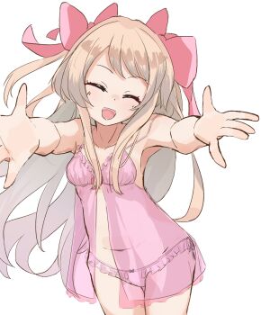 1girl babydoll bad_id bad_pixiv_id breasts chaos_marie_(grimms_notes) closed_eyes collarbone cowboy_shot grimms_notes hair_ribbon highres incoming_hug kaminari_kzy navel open_mouth pink_babydoll pink_ribbon ribbon sidelocks simple_background small_breasts smile solo teeth white_background