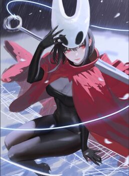 1girl adjusting_mask black_bodysuit black_hair bodysuit breasts cloak closed_mouth commentary covered_navel from_above highres hollow_knight hollow_knight:_silksong horned_mask hornet_(hollow_knight) humanization large_breasts looking_to_the_side mask needle neo_(neorarty3) rain red_cloak red_lips short_hair sitting solo taut_clothes weapon weapon_on_back white_mask wire