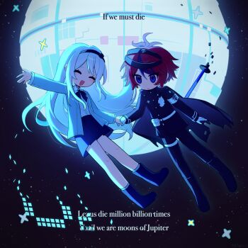 !!_(lingyou31355) 1boy 1girl ^_^ absurdres antenna_hair arm_up armband belt belt_pouch black_boots black_bow black_bowtie black_hair black_hairband black_jacket black_pants black_skirt blue_eyes boots bow bowtie buttons chinese_commentary closed_eyes closed_mouth collared_shirt commentary_request english_text eyelashes from_behind full_body gakuran gloves grey_jacket hair_between_eyes hairband highres holding_hands hole_in_chest hole_on_body jacket kashimiya_karua knee_boots lapels last_defense_academy_school_uniform long_hair long_sleeves miniskirt mole mole_under_eye mole_under_mouth multicolored_hair notched_lapels open_clothes open_jacket open_mouth pants pleated_skirt pouch red_hair school_uniform shirt short_hair skirt smile space space_station star_(sky) streaked_hair sumino_takumi sword the_hundred_line_-last_defense_academy- thigh_strap two-tone_hair variant_set very_long_hair weapon white_armband white_belt white_gloves white_hair white_shirt