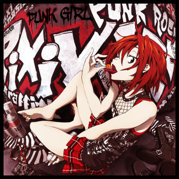 Rule 34 | 1girl, barefoot, belt, black border, boots, border, brown eyes, candy, collar, duplicate, eating, english text, female focus, fishnets, food, graffiti, highres, licking, lollipop, microphone, one eye closed, open mouth, original, pixiv punk and rock, plaid clothes, plaid skirt, punk, red eyes, red hair, revision, short hair, sitting, skirt, socks, solo, spray can, spray paint, striped, thighhighs, tongue, tongue out, tsukuba masahiro, unworn boots, unworn legwear
