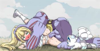 1boy 1girl 1other alolan_form alolan_vulpix blonde_hair blood blush bow bow_panties censored clothed_sex clothing_aside crying crying_with_eyes_open defloration gen_1_pokemon gen_7_pokemon grabbing_from_behind green_eyes headlock hetero highres hippo_power huge_penis leg_up lillie_(pokemon) loli long_hair lying machoke mosaic_censoring muscular muscular_male nintendo open_mouth panties panties_aside penis pleated_skirt pokemon pokemon_sm pokephilia rolling_eyes sex size_difference skirt tagme tears underwear vaginal white_fur white_panties white_skirt