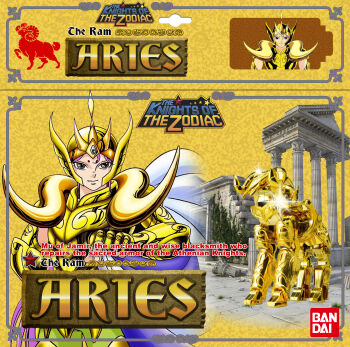1980s_(style) 1boy absurdres action_figure araki_shingo aries_muu armor bandai cape cloak diamond facial_mark forehead_mark gold_armor greek_temple highres horns kurumada_masami official_art oldschool purple_hair retro_artstyle saint_seiya sheep_horns toy