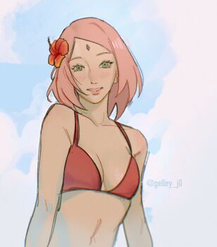 1girl bikini breasts cleavage cloud cloudy_sky facial_mark flower forehead_mark gelley_j0 green_eyes hair_flower hair_ornament haruno_sakura hibiscus highres light_blush looking_at_viewer medium_breasts medium_hair midriff naruto_(series) parted_bangs parted_lips pink_hair red_bikini red_flower sky smile solo swimsuit twitter_username upper_body
