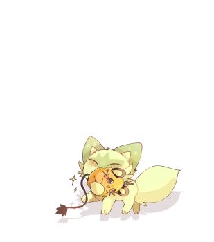:3 blush brown_eyes closed_eyes commentary_request dedenne gen_6_pokemon highres nintendo no_humans pokemon pokemon_(creature) simple_background solo sparkle sprigatito white_background yupo_0322