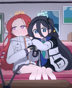 2girls @_@ aris_(blue_archive) black_hair black_hairband black_jacket black_skirt blue_archive blue_eyes blue_halo blue_jacket blush controller couch door flying_sweatdrops forehead game_controller hair_between_eyes hairband halo hand_on_another's_shoulder highres jacket long_bangs long_hair long_sleeves looking_at_viewer messy_hair millennium_science_school_logo multicolored_jacket multiple_girls name_tag on_couch one_side_up open_clothes open_jacket painting_(object) pink_eyes radio_antenna raw_beef red_hair shirt sitting skirt sparkle sweatdrop television two-sided_fabric two-sided_jacket two-tone_jacket v-shaped_eyebrows watching_television white_jacket white_shirt yuzu_(blue_archive)