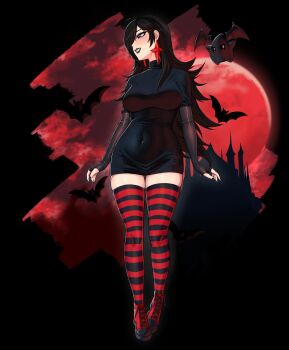 Rule 34 | 1girl, alternate legwear, bat wings, black hair, black nails, castle, commentary, cosplay, earrings, english commentary, grin, highres, hotel transylvania, jewelry, lipstick, luma (mario), makeup, mario (series), mavis dracula, mavis dracula (cosplay), moon, nintendo, red moon, rosalina, saiko (saikoart), shoes, smile, striped clothes, striped thighhighs, thighhighs, wings