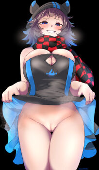 1girl absurdres ankodaihuku arknights bare_shoulders black_background black_dress black_hat black_scarf blue_dress blue_eyes blue_hair breasts brown_hair checkered_clothes checkered_scarf cleavage cleft_of_venus clothes_lift commentary_request cowboy_shot deepcolor_(arknights) deepcolor_(elite_ii)_(arknights) dress dress_lift gradient_hair grin hat highres large_breasts lifting_own_clothes looking_at_viewer multicolored_hair no_panties presenting presenting_pussy pussy red_scarf scarf seductive_smile short_hair simple_background smile solo split_mouth steaming_body strapless strapless_dress thighs twitter_username two-tone_dress two-tone_hair upskirt variant_set