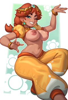 1girl arabian_clothes blue_eyes bracelet braid breasts breasts_out brown_hair clothes_lift dark-skinned_female dark_skin earrings flower_earrings green_eyes grin harem_pants highres jewelry large_breasts long_hair looking_at_viewer mario_(series) mario_kart mario_kart_world nail_polish navel nintendo nipples official_alternate_costume one_eye_closed orange_nails pants princess_daisy princess_daisy_(oasis) puffy_nipples puffy_short_sleeves puffy_sleeves riz shirt_lift short_sleeves smile solo stomach teeth third-party_edit yellow_pants