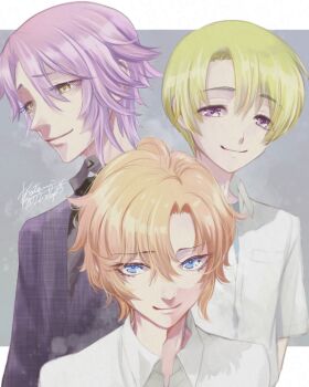 Rule 34 | 3boys, artist name, blonde hair, blue eyes, commentary request, highres, higurashi no naku koro ni, higurashi no naku koro ni oni, higurashi no naku koro ni rei, houjou satoshi, kimiyoshi seiji, looking at viewer, looking to the side, male focus, multiple boys, natsumi kei, orange hair, purple eyes, purple hair, ryuuguu kihiro, school uniform, yellow eyes