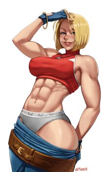 1girl abs artist_name bare_shoulders belt blonde_hair blue_eyes blue_mary bluesky_username breasts brown_belt fatal_fury female_focus grey_panties jewelry large_breasts looking_at_viewer loose_belt midriff muscular muscular_female necklace panties red_lips short_hair smile snk solo underwear