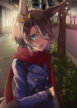 1girl absurdres animal_ears black_sweater blue_coat blue_eyes blush breath brown_hair bush buttons coat commentary_request double-breasted ear_ornament hair_between_eyes highres horse_ears horse_girl horse_tail long_sleeves looking_at_viewer narita_taishin_(umamusume) nida_keita open_mouth outdoors red_scarf scarf short_hair solo sweater tail teeth tracen_winter_coat tree umamusume winter_clothes winter_coat