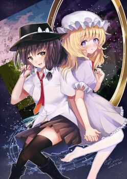 2girls :o black_boots black_hat black_skirt black_thighhighs boots bow bowtie brown_eyes brown_hair commentary_request constellation_request dated dated_commentary dress frilled_dress frilled_sleeves frills hair_bow hat hat_bow holding_hands kevn long_hair looking_at_another maribel_hearn mirror mob_cap multiple_girls necktie no_shoes open_mouth pantyhose puffy_short_sleeves puffy_sleeves purple_dress purple_eyes red_bow red_bowtie red_necktie shirt short_sleeves signature sitting skirt sky star_(sky) star_(symbol) starry_sky thighhighs touhou usami_renko white_bow white_hat white_pantyhose white_shirt