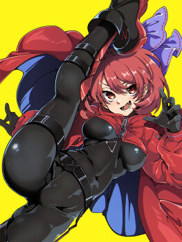 Rule 34 | absurdres, alternate costume, belt, biker clothes, bikesuit, black bodysuit, black boots, black gloves, bodysuit, boots, bow, breasts, capelet, commentary, commission, covered erect nipples, covered navel, fang, gloves, gokuu (acoloredpencil), hair between eyes, highres, leg up, legs, long sleeves, lower teeth only, medium breasts, medium hair, parted lips, purple bow, red capelet, red eyes, red hair, rock 'n' rock 'n' beat, sekibanki, skeb commission, skin fang, skin tight, smile, teeth, textless version, thigh strap, thighs, touhou