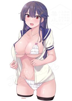 1girl alternate_costume bikini bikini_under_clothes black_hair blue_sailor_collar breasts brown_eyes collarbone commentary_request cropped_legs frilled_bikini frills gluteal_fold hair_ornament hairclip haruna_(kancolle) highres jouzaburou_(joe3) kantai_collection large_breasts long_hair open_mouth sailor_collar school_uniform serafuku simple_background solo standing swimsuit white_background white_bikini