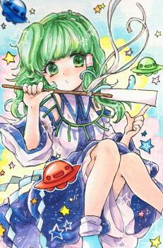 1girl absurdres aqua_shoes bare_shoulders blue_skirt blush closed_mouth collared_shirt detached_sleeves frilled_skirt frills frog_hair_ornament gohei green_eyes green_hair hair_ornament hair_tubes highres holding holding_gohei jewelry kochiya_sanae medium_hair necklace papapapappa123 shide shirt shoes single_hair_tube single_sidelock skirt socks solo star_(symbol) touhou ufo undefined_fantastic_object