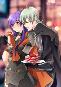1boy 1girl armor black_armor black_cape black_choker black_gloves blurry blurry_background blush bread breasts cake cape choker closed_mouth eyes_visible_through_hair female_shez_(fire_emblem) fire_emblem fire_emblem:_three_houses fire_emblem_warriors:_three_hopes food fruit gloves green_eyes green_hair hair_bun hair_over_one_eye hetero holding holding_hands holding_plate holding_spoon indoors interlocked_fingers long_hair male_byleth_(awakened)_(fire_emblem) male_byleth_(fire_emblem) nintendo parted_lips plate purple_eyes purple_hair short_hair single_hair_bun smile spoon standing strawberry strawberry_slice zefiar