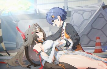 1boy 2girls animal_ears belle_(delicate_sunlight)_(zenless_zone_zero) belle_(zenless_zone_zero) black_shirt blue_hair blush breasts brown_hair china_dress chinese_clothes commentary dress droopy_ears english_commentary fox_ears fox_girl green_eyes hair_between_eyes hair_intakes hair_ornament hairband highres holding_hands jacket jewelry large_breasts letter_hair_ornament long_hair looking_at_viewer multiple_girls open_mouth red_eyes roro_(tpghksdlzpq) shirt short_hair smile very_long_hair white_hairband ye_shunguang zenless_zone_zero