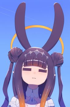 1girl :3 =_= absurdres ascot blue_background center-flap_bangs closed_eyes double_bun dress gradient_hair hair_bun hair_ornament halo highres hololive hololive_english multicolored_hair ninomae_ina&#039;nis ninomae_ina&#039;nis_(ina_the_hero) nofaru orange_hair pointy_ears portrait purple_hair solo tentacle_hair traditional_halo twintails_with_hair_base virtual_youtuber white_ascot white_dress