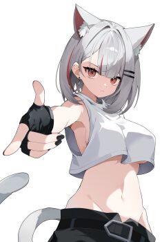 1girl absurdres animal_ears bare_shoulders belt black_belt black_gloves black_nails black_pants breasts cat_ears cat_girl cat_tail closed_mouth commentary_request commission fingerless_gloves gloves grey_hair grey_tail highres index_finger_raised korean_commentary large_breasts looking_at_viewer medium_hair multicolored_hair navel neneko_mashiro pants red_eyes red_hair shirt simple_background solo stellive tail two-tone_hair virtual_youtuber wang0424 white_background white_shirt