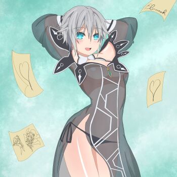 1girl aqua_eyes armpits arms_behind_head breasts covered_navel date_a_live dress highres honjou_nia legs long_hair medium_breasts no_bra open_mouth panties see-through_clothes short_hair smile thighs underwear white_hair