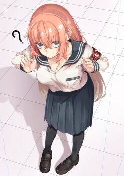 1girl ? armband black_pantyhose black_shoes blue_eyes blue_sailor_collar blue_skirt breasts cleavage closed_mouth commentary_request crossed_bangs fujifuji0330 full_body highres large_breasts loafers long_hair long_sleeves looking_at_viewer michinoku_komaro no_dickey pantyhose pink_hair pleated_skirt red_armband sailor_collar school_uniform seitokai_ni_mo_ana_wa_aru! serafuku shadow shirt shoes skirt solo standing white_shirt