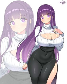 1girl artist_name black_skirt blunt_bangs breasts cleavage_cutout closed_mouth clothing_cutout commentary covered_navel cowboy_shot english_commentary fern_(sousou_no_frieren) hand_on_own_chest high-waist_skirt highres jarckius large_breasts light_blush long_hair long_sleeves looking_at_viewer nail_polish paid_reward_available pink_hair purple_eyes purple_hair purple_nails ribbed_sweater side_slit skirt sousou_no_frieren standing sweater taut_clothes taut_skirt turtleneck turtleneck_sweater very_long_hair white_sweater zoom_layer