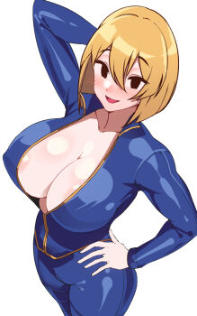 1girl blonde_hair breasts fallout highres large_breasts smile vault_dweller