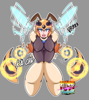 1girl 2022 antenna_hair artist_logo artist_name black_bodysuit blue_eyes blue_eyeshadow bodysuit breasts capcom commentary covered_erect_nipples drooling english_commentary eyeshadow female_focus floating gloves grey_background half-closed_eyes hanging_breasts helmet honey_woman hotbloodedmecha insect_wings jiggle knees_together_feet_apart large_breasts leaning_forward logo makeup mega_man_(classic) mega_man_(series) naughty_face outline robot_girl simple_background solo straight-on unworn_armor wings yellow_gloves