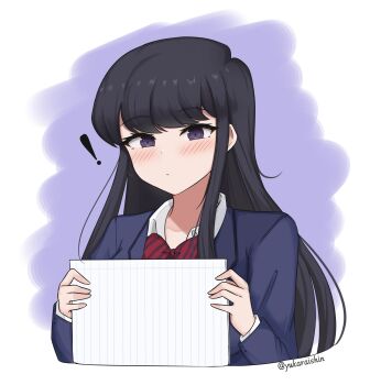 ! 1girl absurdres black_eyes black_hair blue_jacket blush bow bowtie closed_mouth commentary cropped_torso diagonal-striped_bow diagonal-striped_bowtie diagonal-striped_clothes dot_mouth highres holding holding_paper itan_private_high_school_uniform jacket komi-san_wa_komyushou_desu komi_shouko long_hair long_sleeves looking_at_viewer paper purple_background red_bow red_bowtie school_uniform solo striped_bow striped_bowtie striped_clothes swept_bangs textless_version white_background yukaraishin